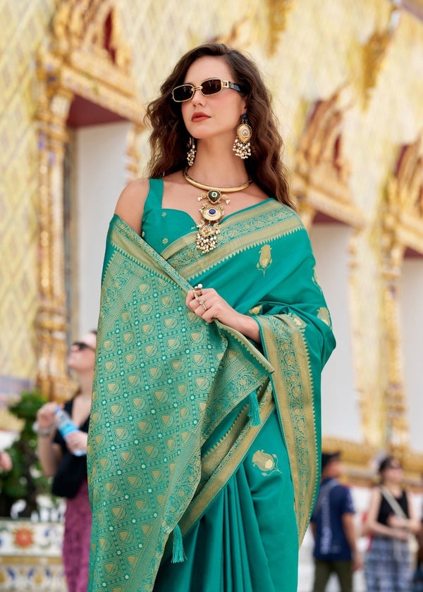 Peacock Green Banarasi Satin Silk Saree