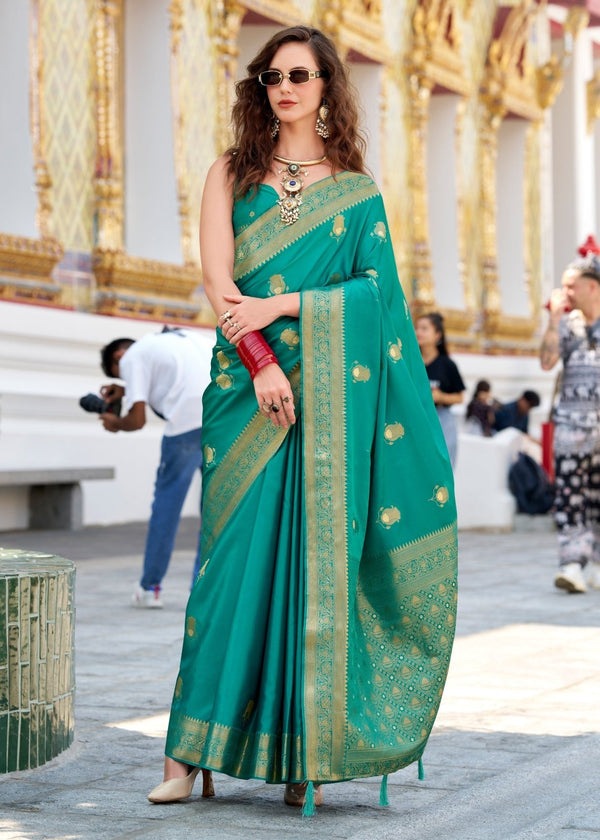 Peacock Green Banarasi Satin Silk Saree