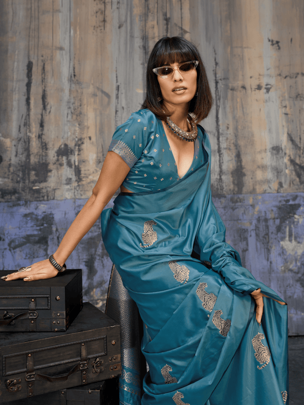 Peacock Teal Banarasi Satin Silk Saree