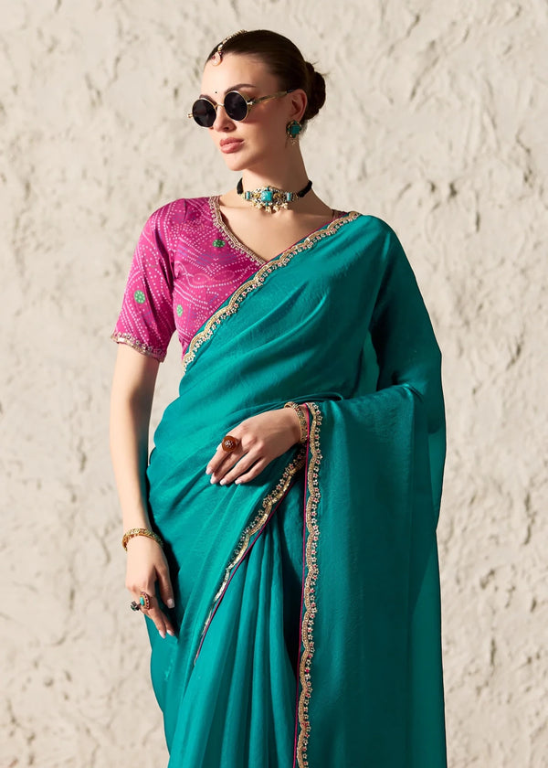 Peacock Teal Designer Organza Saree with Pink Contrast Blouse