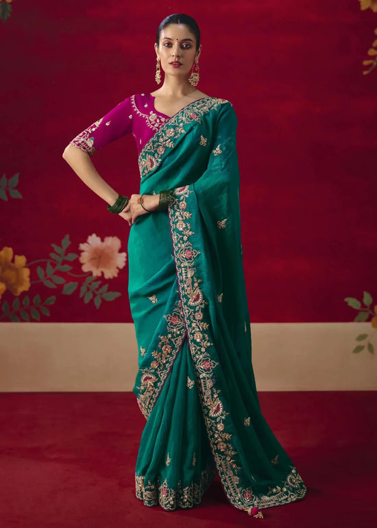 Peacock Teal Designer Silk Saree with Contrast Blouse