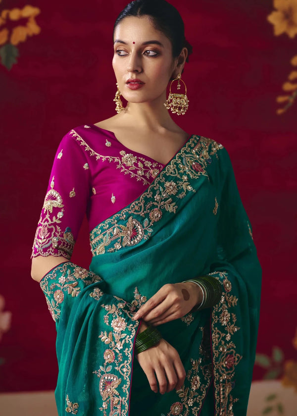 Peacock Teal Designer Silk Saree with Contrast Blouse