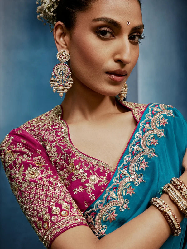 Peacock Teal Designer Silk Saree with Contrast Rani Pink Blouse
