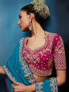 Peacock Teal Designer Silk Saree with Contrast Rani Pink Blouse