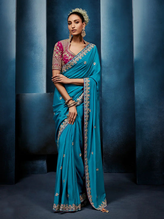 Peacock Teal Designer Silk Saree with Contrast Rani Pink Blouse