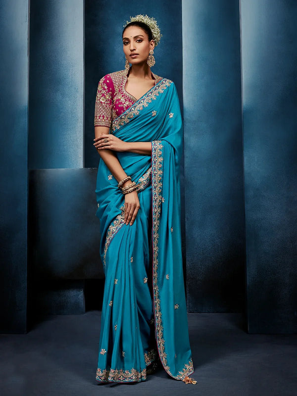 Peacock Teal Designer Silk Saree with Contrast Rani Pink Blouse