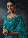 Peacock Teal Embroidered Designer Satin Silk Saree