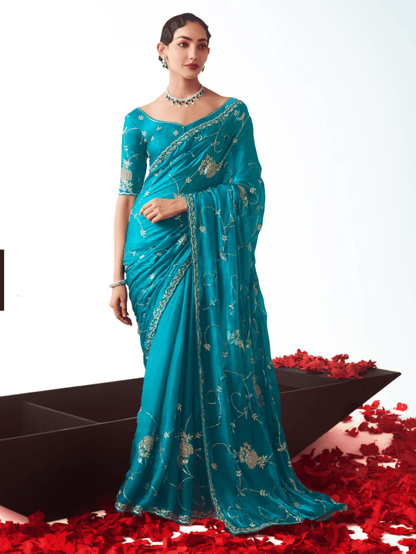 Peacock Teal Embroidered Designer Satin Silk Saree