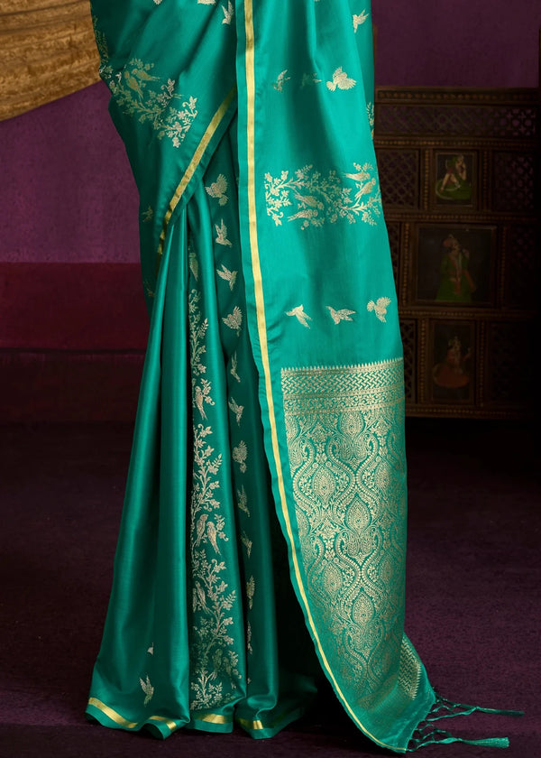 Peacock Teal Satin Silk Saree
