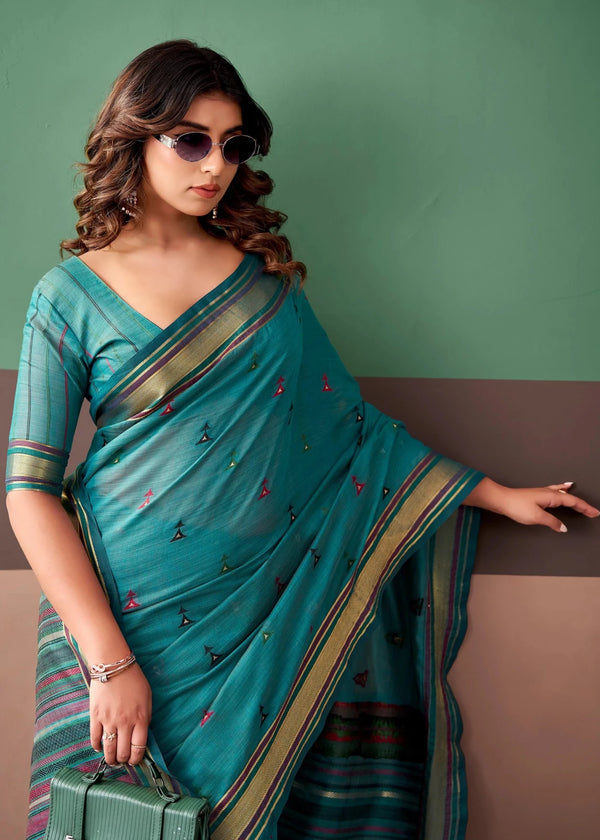 Peacock Teal Woven Designer Cotton Saree
