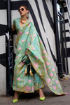 Pearl Aqua Green Parsi Handloom Woven Silk Saree with Tassels