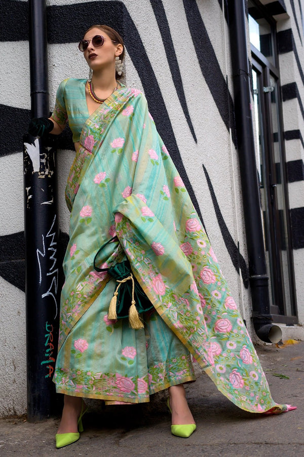 Pearl Aqua Green Parsi Handloom Woven Silk Saree with Tassels