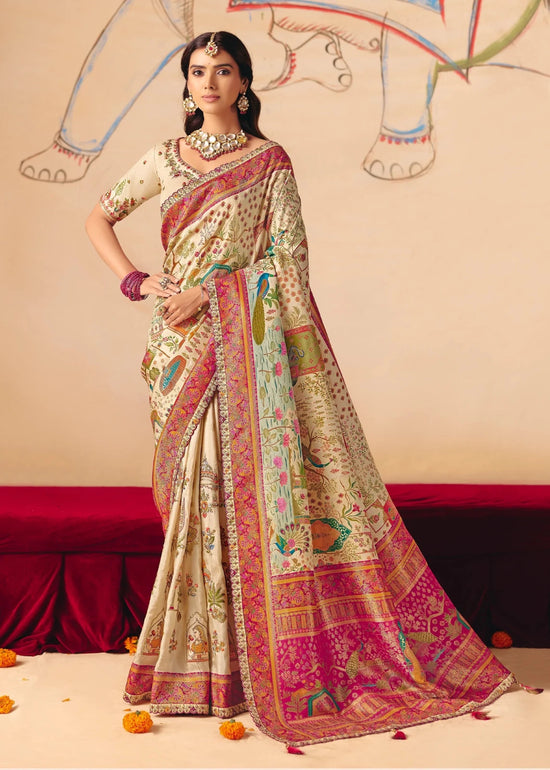 Pearl Ivory Off White Pichwai Designer Dola Silk Saree