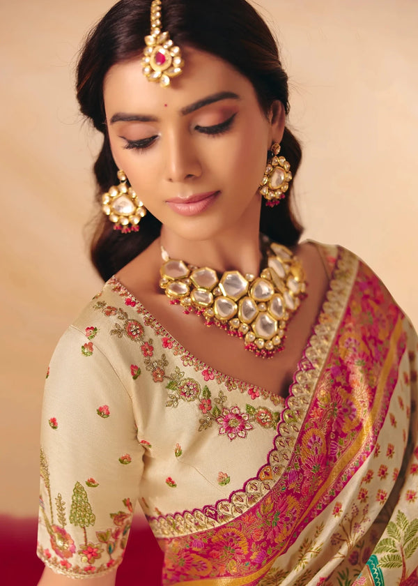 Pearl Ivory Off White Pichwai Designer Dola Silk Saree