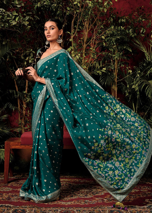 Pearl Opal green Zari Woven Fancy Dola Silk Designer Saree