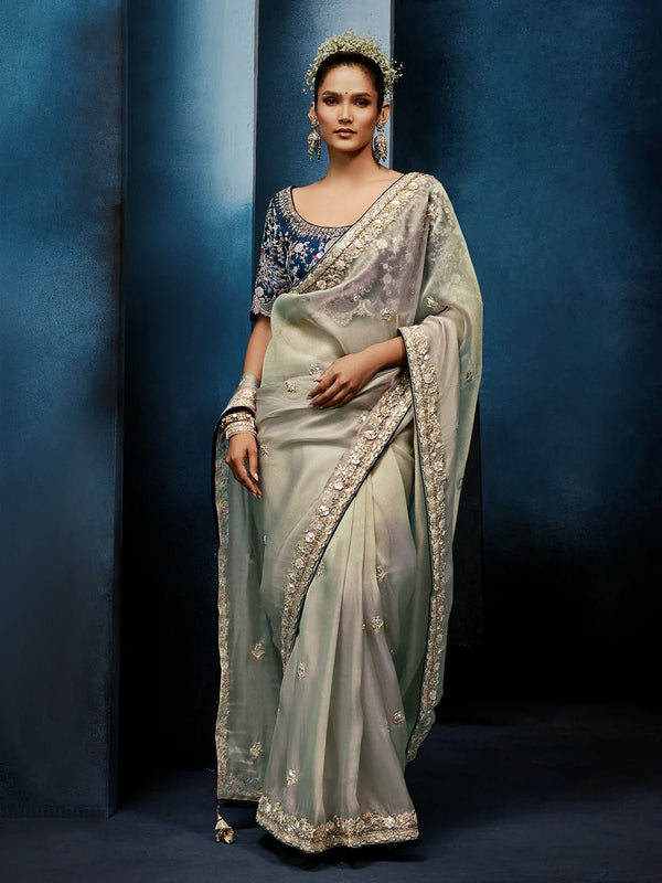 Pearl Silver Organza Silk Saree with Contrast Navy Blue Blouse