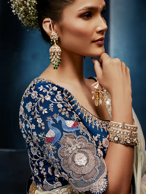 Pearl Silver Organza Silk Saree with Contrast Navy Blue Blouse