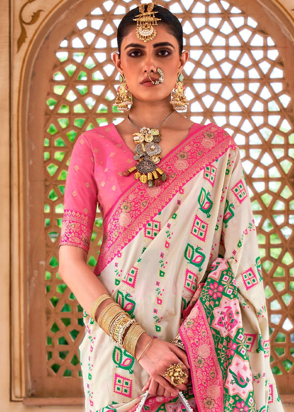Pearl White and Pink Woven Banarasi Saree
