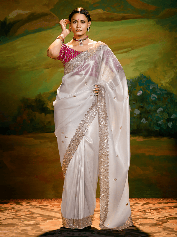 Pearl White Satin Designer Saree with Sequin Border Work