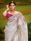 Pearl White Satin Designer Saree with Sequin Border Work