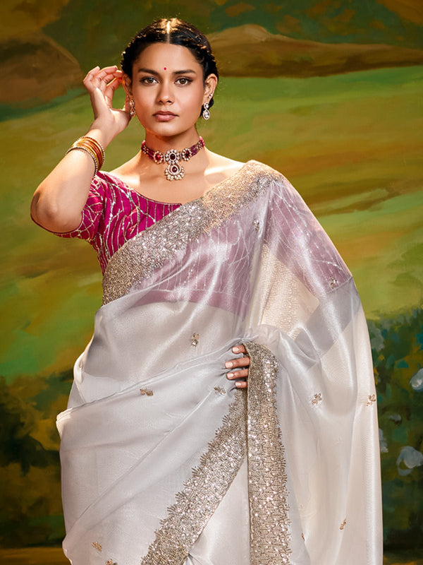 Pearl White Satin Designer Saree with Sequin Border Work