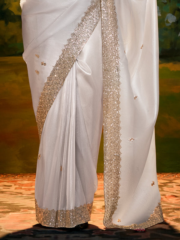 Pearl White Satin Designer Saree with Sequin Border Work