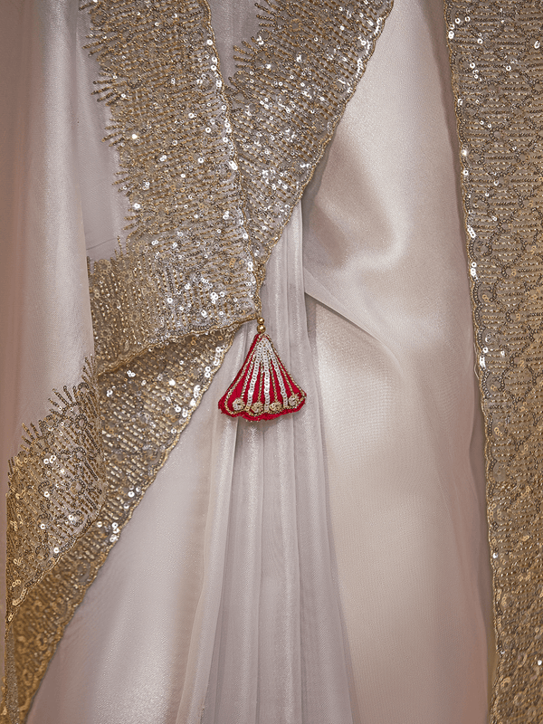 Pearl White Satin Designer Saree with Sequin Border Work