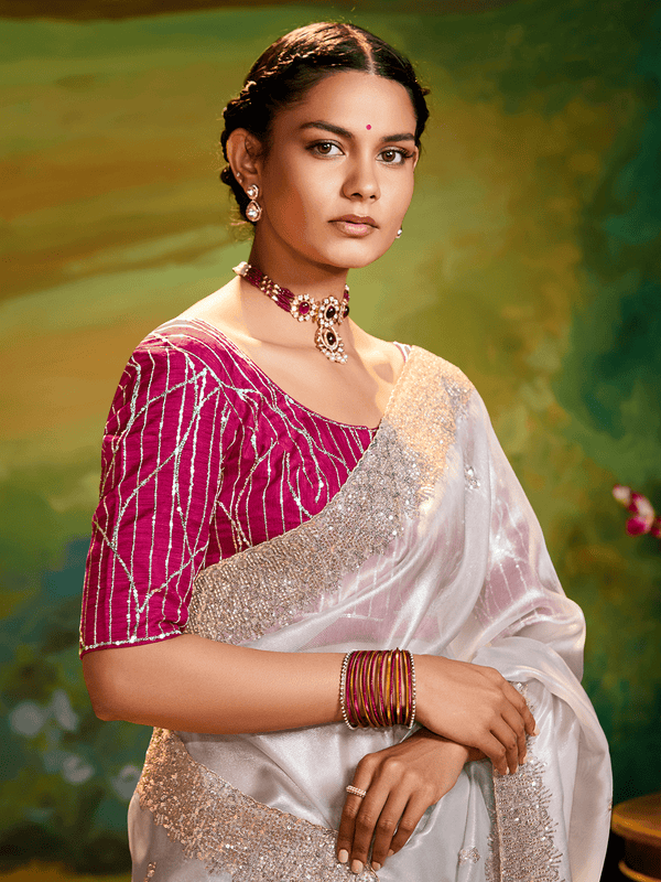 Pearl White Satin Designer Saree with Sequin Border Work