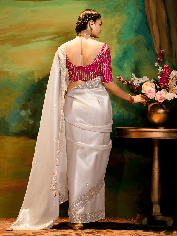 Pearl White Satin Designer Saree with Sequin Border Work