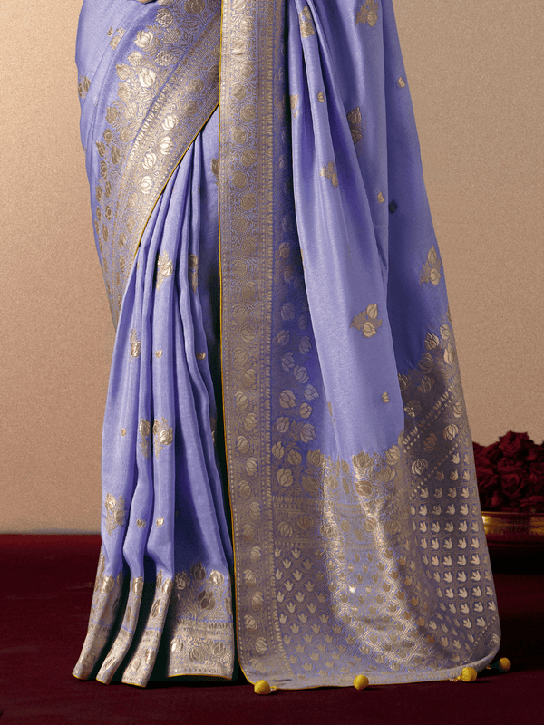 Periwinkle Blue Banarasi Silk Saree With Contrast Blouse