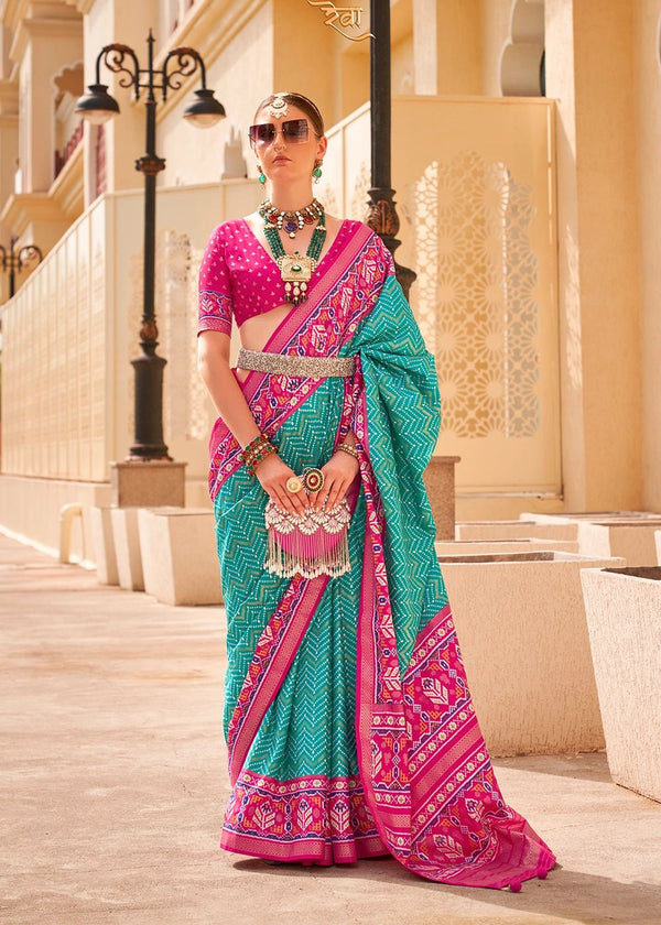 Persian Green And Rose Pink Woven Printed Patola Silk Saree
