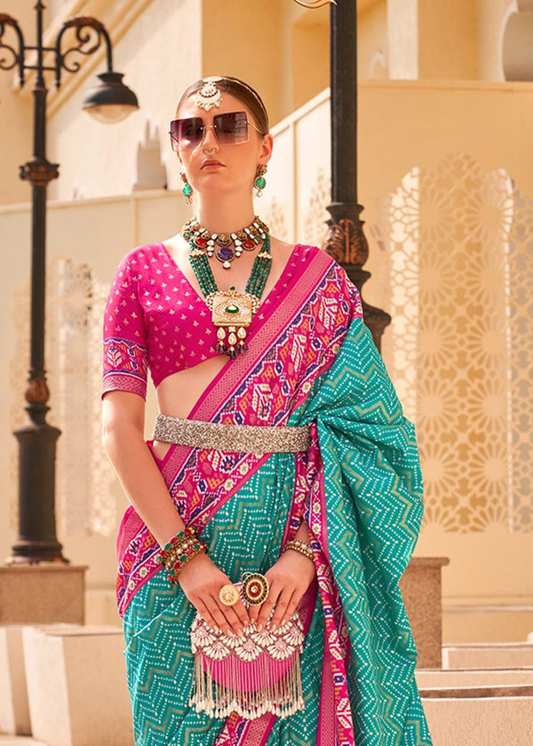 Persian Green And Rose Pink Woven Printed Patola Silk Saree