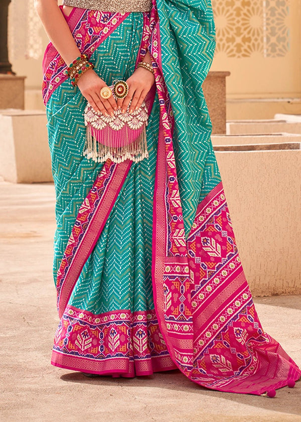 Persian Green And Rose Pink Woven Printed Patola Silk Saree