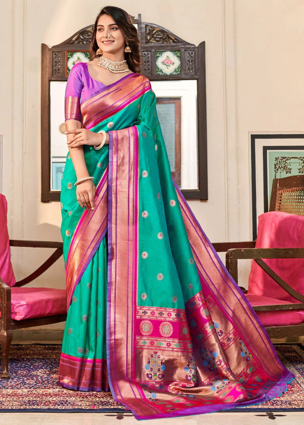 Persian Green Woven Paithani Soft Silk Saree