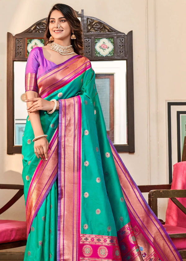 Persian Green Woven Paithani Soft Silk Saree