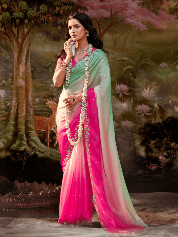 Pink Embroidered Designer Organza Silk Saree With Contrast Blouse