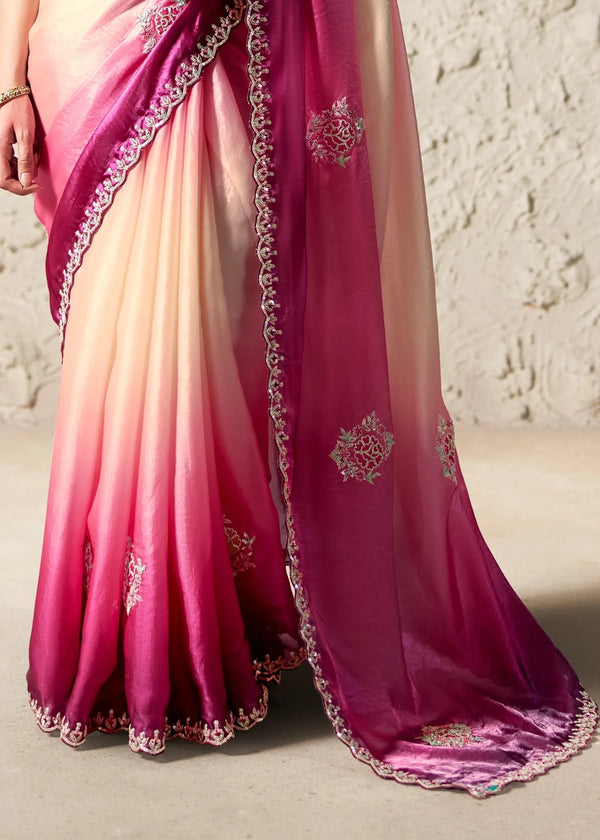 Pink Ivory Ombre Designer Organza Saree