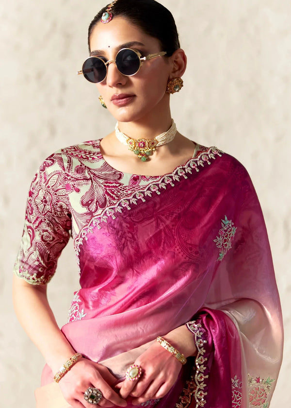 Pink Ivory Ombre Designer Organza Saree