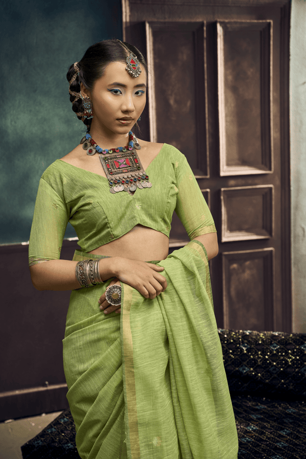 Pista Green Banarasi Cotton Silk Saree