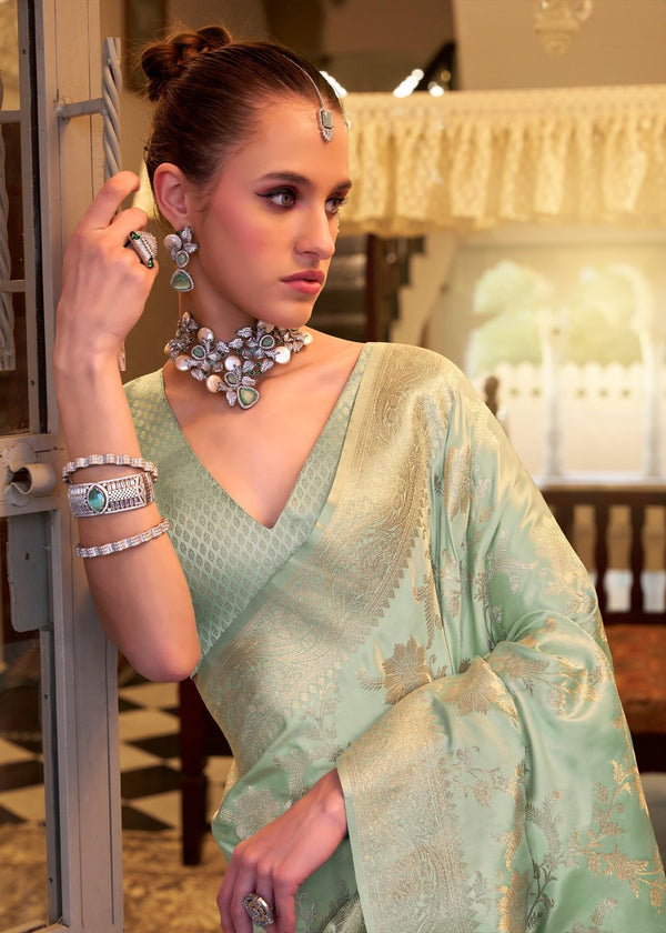 Pista Green Banarasi Satin Silk Saree