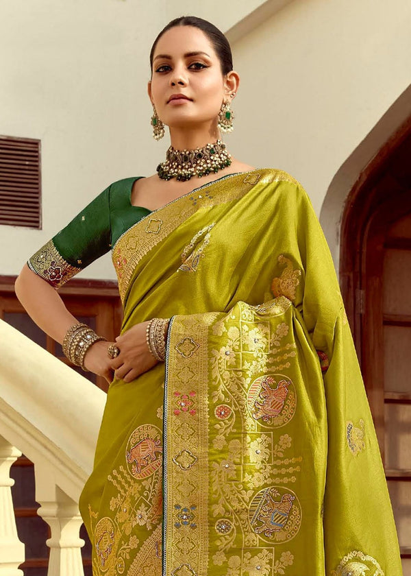 Pista Green Banarasi Silk Saree With Contrast Blouse