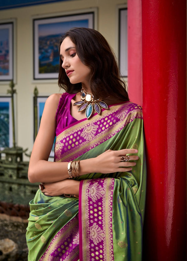 Pista Green Banarasi Silk Saree With Contrast Blouse