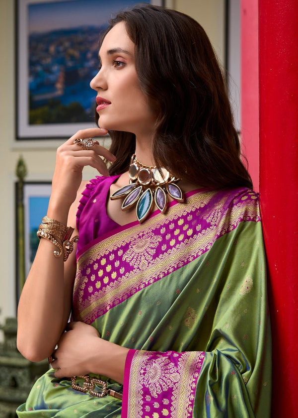 Pista Green Banarasi Silk Saree With Contrast Blouse