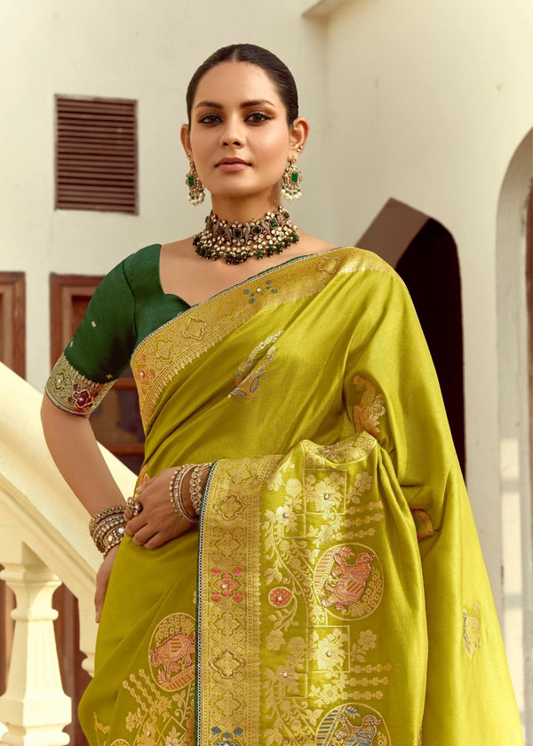 Pista Green Banarasi Silk Saree With Contrast Blouse