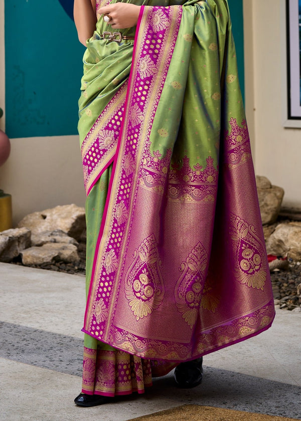 Pista Green Banarasi Silk Saree With Contrast Blouse