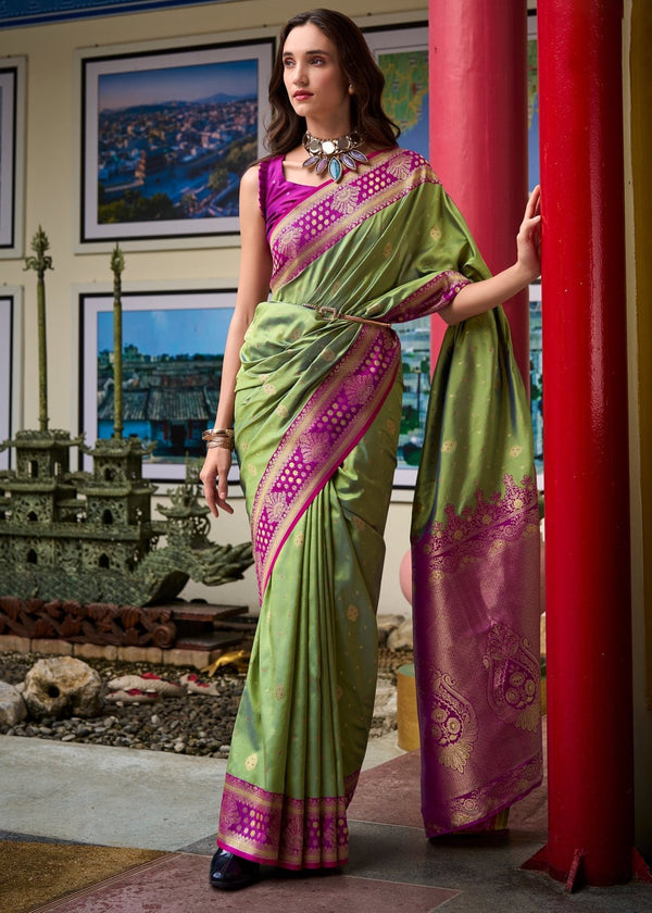 Pista Green Banarasi Silk Saree With Contrast Blouse