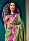 Pista Green Banarasi Silk Saree With Contrast Blouse