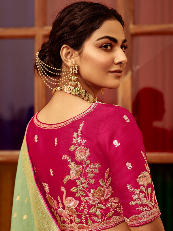 Pista Green Banarasi Silk Saree With Contrast Blouse