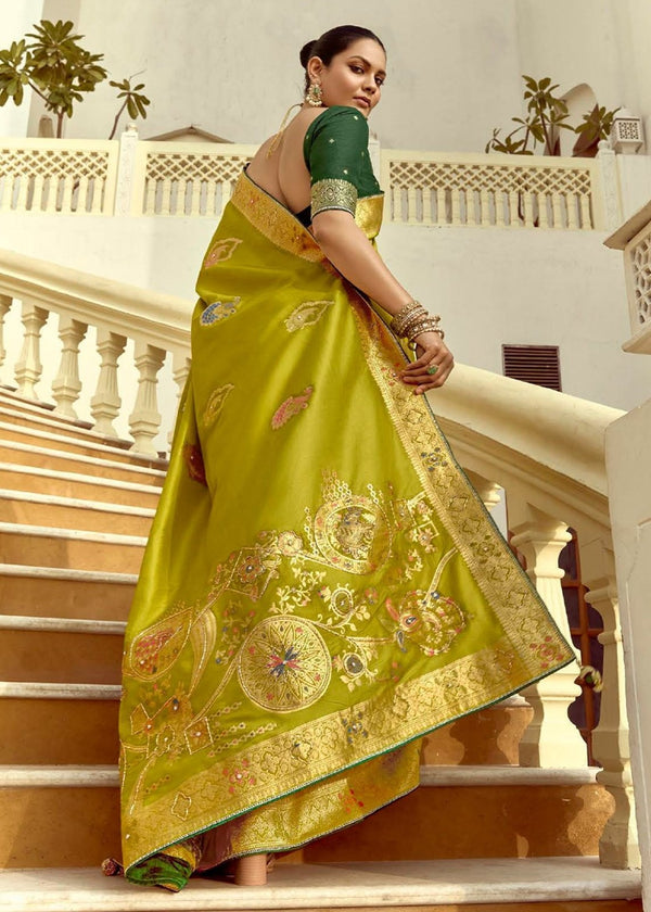Pista Green Banarasi Silk Saree With Contrast Blouse