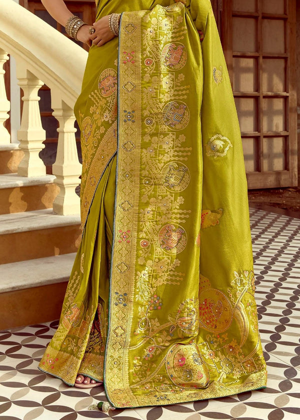 Pista Green Banarasi Silk Saree With Contrast Blouse